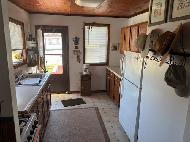 kitchen with freestanding refrigerator, a sink, brown cabinetry, stove, and crown molding