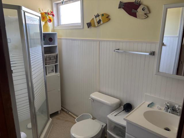 full bathroom with a stall shower, a wainscoted wall, vanity, and toilet