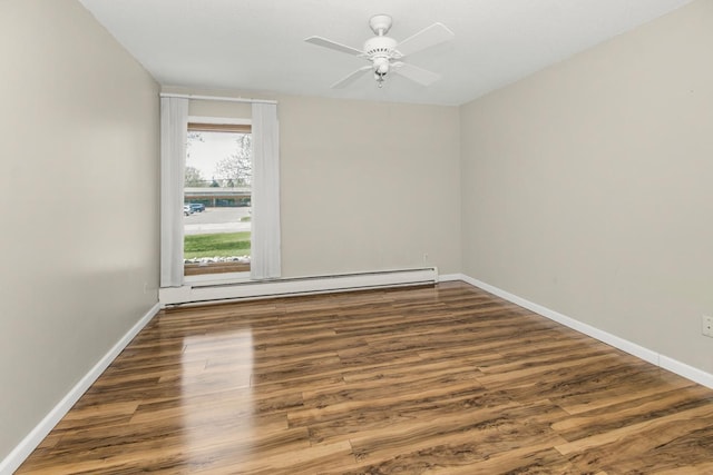 unfurnished room featuring a baseboard radiator, wood finished floors, a ceiling fan, and baseboards