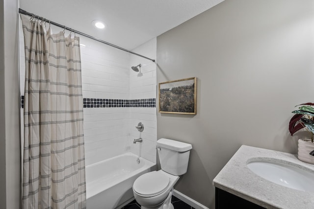 25985 Smithtown Rd, Shorewood, MN 55331 - bathroom featuring baseboards, toilet, shower / bathtub combination with curtain, and vanity