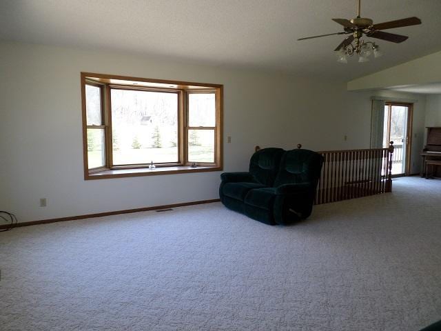 202 Buse Ave NE, Red Lake Falls, MN 56750 - living room with ceiling fan, lofted ceiling, carpet, and baseboards