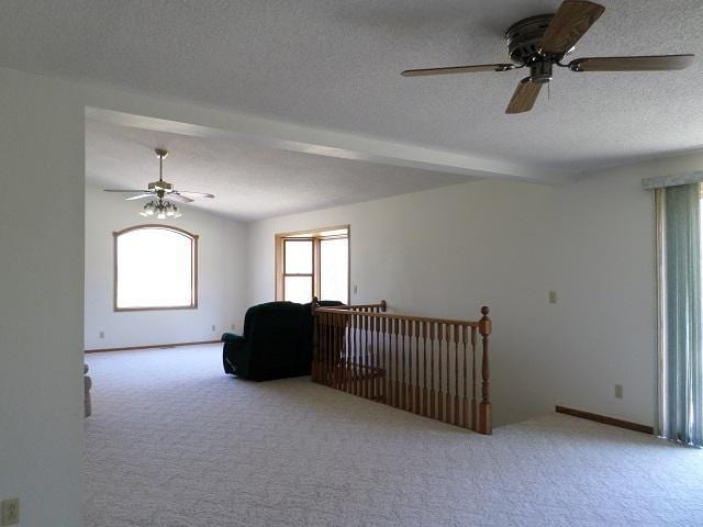 202 Buse Ave NE, Red Lake Falls, MN 56750 - interior space featuring carpet, a textured ceiling, beam ceiling, and ceiling fan