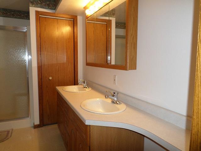 202 Buse Ave NE, Red Lake Falls, MN 56750 - full bathroom featuring a stall shower, double vanity, and a sink