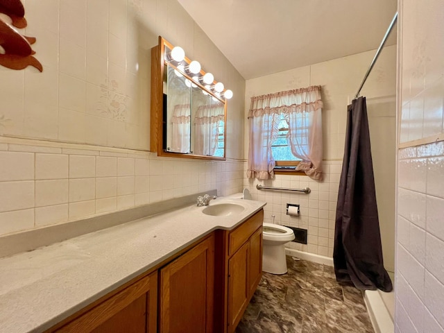 full bath featuring tile walls, curtained shower, vanity, and toilet