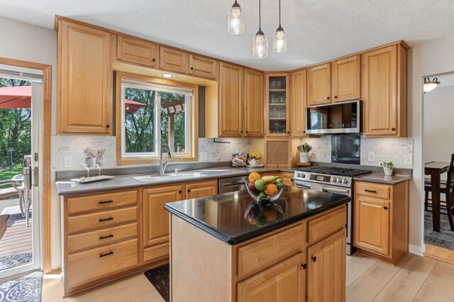 kitchen with appliances with stainless steel finishes, a sink, dark countertops, and healthy amount of natural light