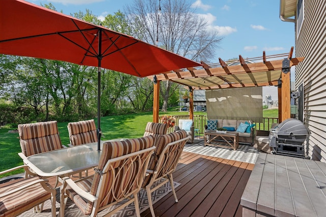 wooden terrace featuring a pergola, an outdoor living space, outdoor dining area, a yard, and grilling area