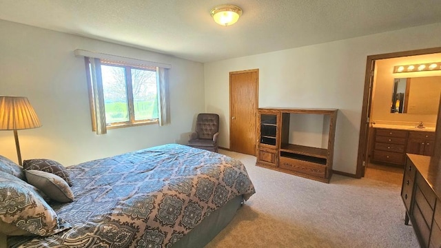bedroom featuring light carpet