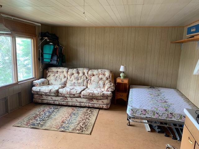 living room featuring wooden walls and wooden ceiling