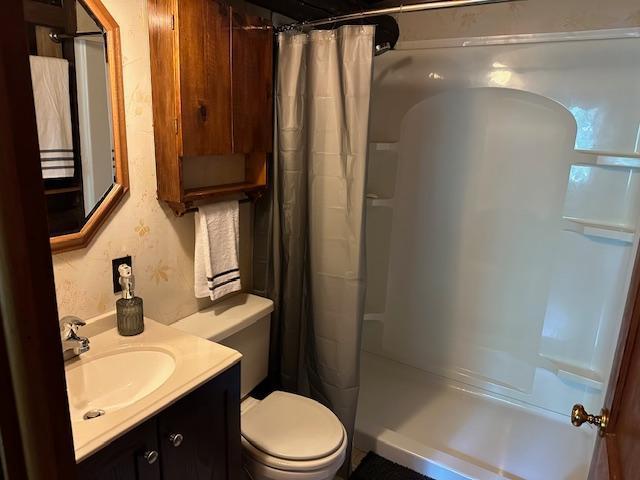 full bathroom featuring vanity, curtained shower, and toilet