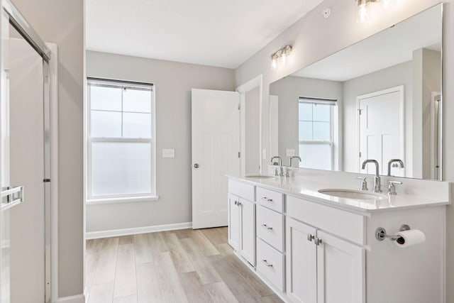 bathroom featuring wood finished floors, baseboards, and double vanity