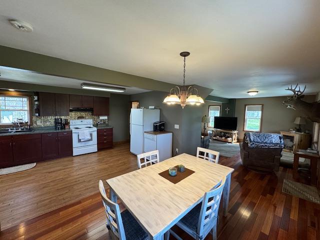 dining space featuring dark wood finished floors, healthy amount of natural light, and a chandelier