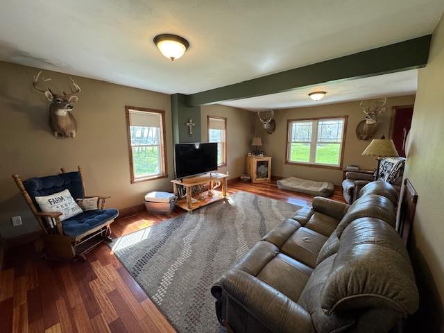 living area featuring dark wood-style floors, beam ceiling, and baseboards