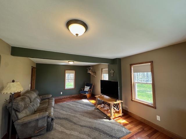 living area featuring wood finished floors and baseboards