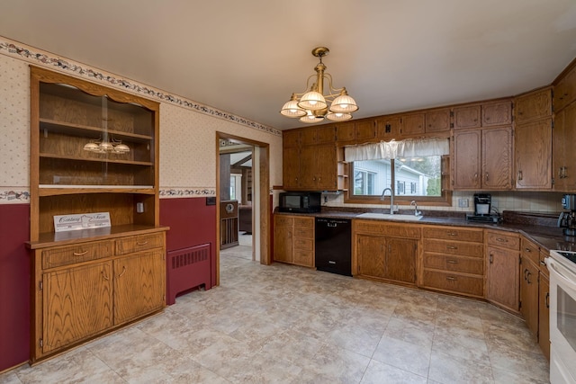 37229 790th Ave, Rosendale Twp, MN 56060 - kitchen featuring a sink, radiator heating unit, black appliances, an inviting chandelier, and wallpapered walls