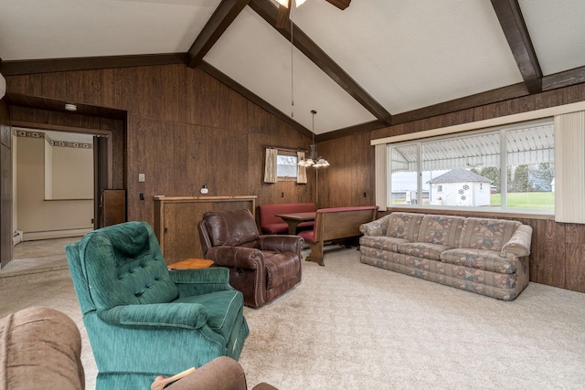37229 790th Ave, Rosendale Twp, MN 56060 - carpeted living room featuring wooden walls, a baseboard radiator, vaulted ceiling with beams, and ceiling fan with notable chandelier