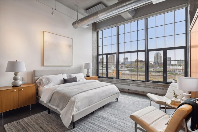 700 2nd St Unit W31, Minneapolis, MN 55401 - bedroom featuring a city view, multiple windows, a high ceiling, and radiator heating unit
