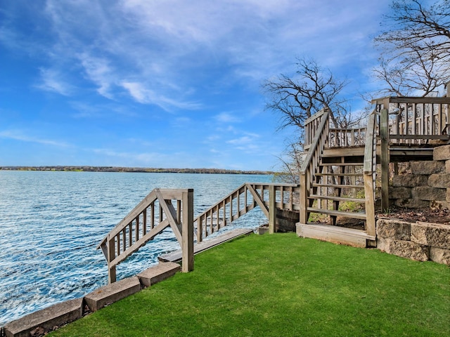 10823 Big Chip Rd NW, Brandon Twp, MN 56315 - dock with stairway, a yard, and a deck with water view