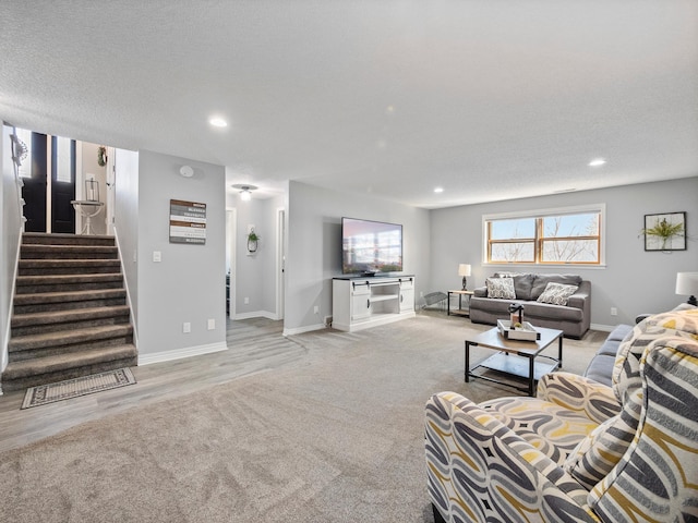 10823 Big Chip Rd NW, Brandon Twp, MN 56315 - living room with light carpet, stairs, and recessed lighting
