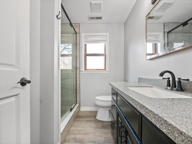 10823 Big Chip Rd NW, Brandon Twp, MN 56315 - bathroom featuring vanity, a shower stall, a textured ceiling, and wood finished floors