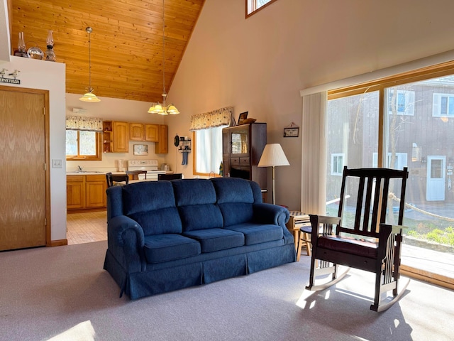 5301 Oak St, Isle, MN 56342 - living room with light carpet, high vaulted ceiling, and wooden ceiling