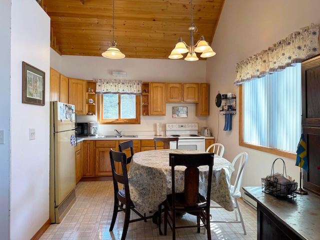5301 Oak St, Isle, MN 56342 - dining room with baseboards, a chandelier, high vaulted ceiling, and wooden ceiling