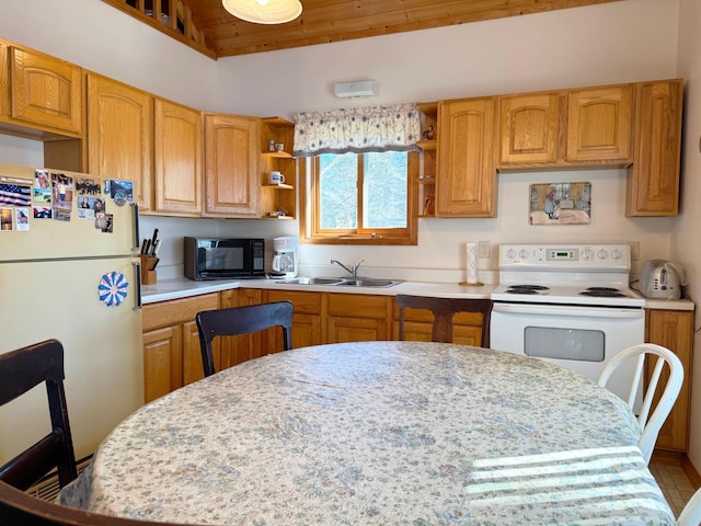 5301 Oak St, Isle, MN 56342 - kitchen featuring wood ceiling, a sink, open shelves, white appliances, and light countertops