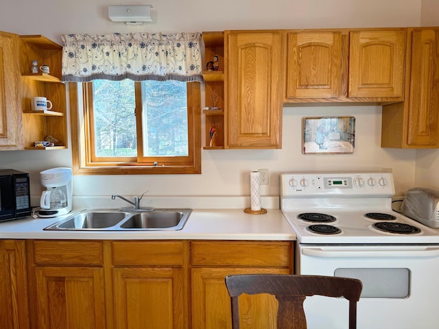5301 Oak St, Isle, MN 56342 - kitchen featuring a sink, black microwave, open shelves, electric stove, and light countertops