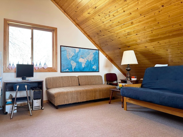 5301 Oak St, Isle, MN 56342 - living room with carpet flooring, vaulted ceiling, and wooden ceiling