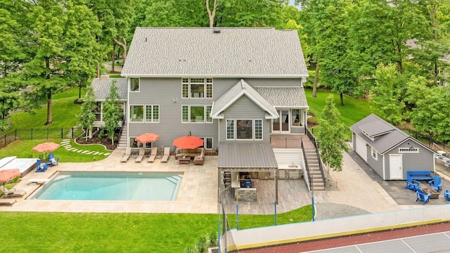 8622 French Curv, Eden Prairie, MN 55347 - back of house featuring stairway, a patio, outdoor dining space, and an outdoor structure
