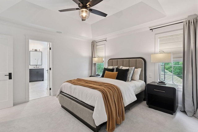 8622 French Curv, Eden Prairie, MN 55347 - bedroom with a raised ceiling, light carpet, ensuite bathroom, ornamental molding, and ceiling fan