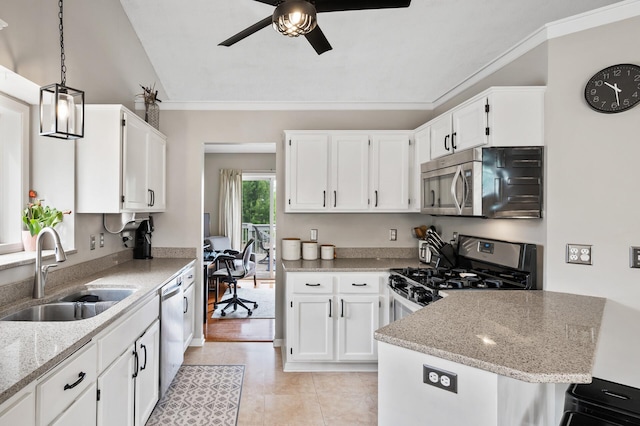 14380 Geneva Ave N, Hugo, MN 55038 - kitchen featuring a sink, appliances with stainless steel finishes, ceiling fan, a peninsula, and white cabinetry