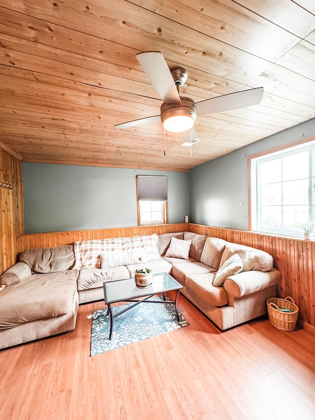 1320 18th St SE, Owatonna, MN 55060 - living area featuring wood ceiling, wood walls, wainscoting, ceiling fan, and wood finished floors