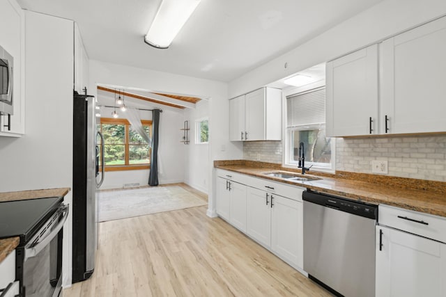 1775 Morgan Ave, Saint Paul, MN 55116 - kitchen featuring appliances with stainless steel finishes, a sink, light wood finished floors, backsplash, and white cabinets