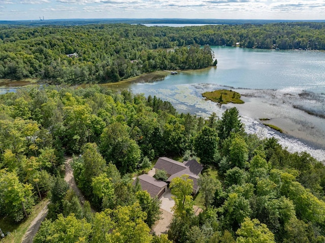 aerial view featuring a water view and a view of trees