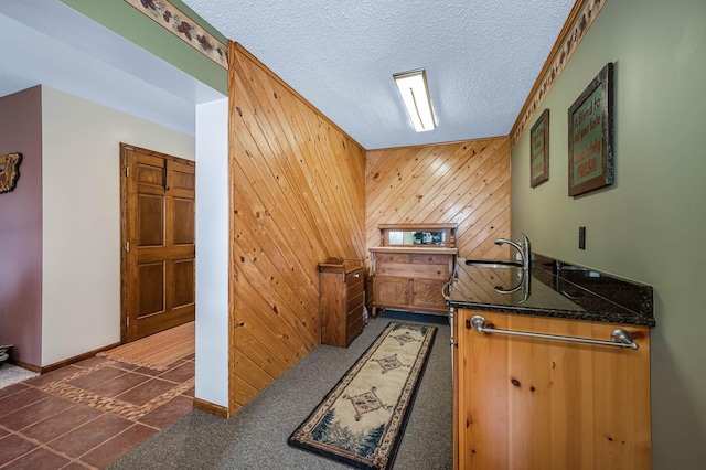 interior space featuring carpet, a sink, a textured ceiling, wood walls, and baseboards