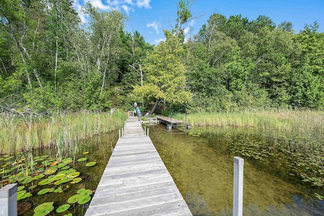view of dock with a wooded view and a water view