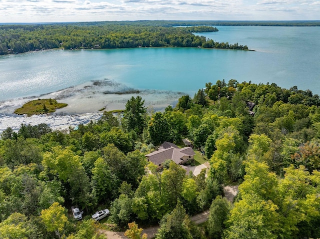 drone / aerial view featuring a water view and a forest view