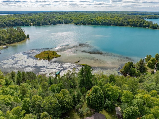 birds eye view of property with a wooded view and a water view
