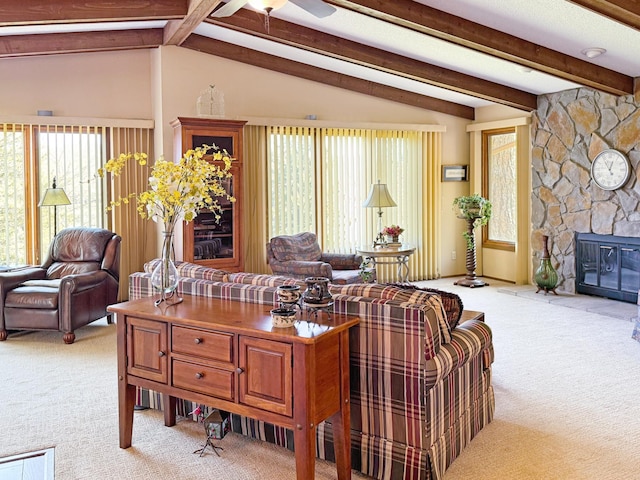 7864 Demontreville Trl N, Lake Elmo, MN 55042 - living room featuring light carpet, ceiling fan, and a fireplace