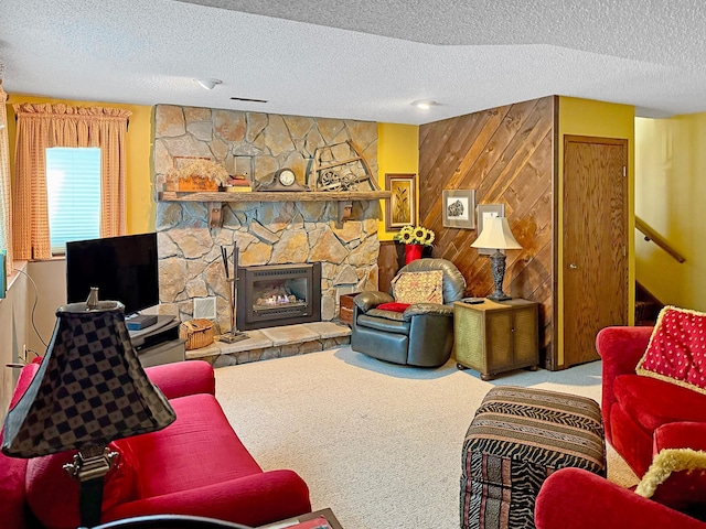 7864 Demontreville Trl N, Lake Elmo, MN 55042 - carpeted living area featuring a textured ceiling, wood walls, and a fireplace