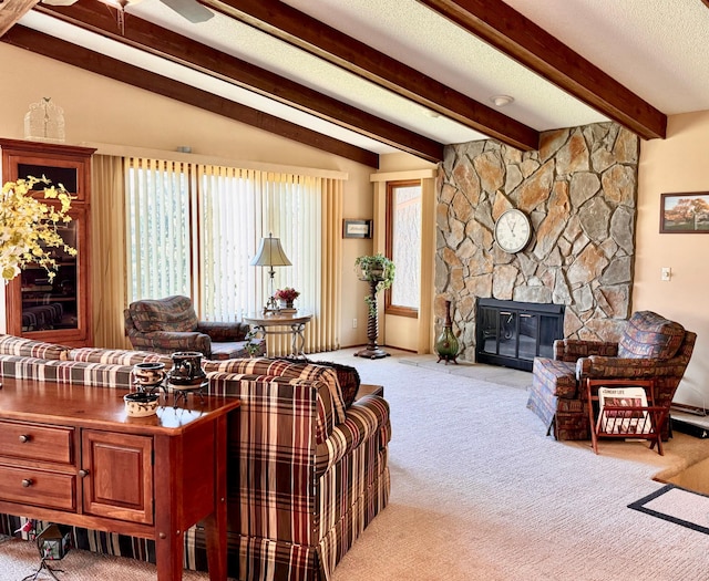7864 Demontreville Trl N, Lake Elmo, MN 55042 - living room with carpet flooring, a stone fireplace, and a ceiling fan