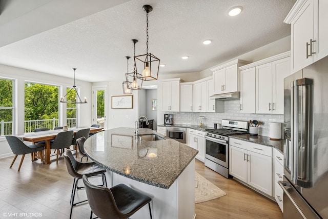 4738 Maas Ct, Minnetrista, MN 55375 - kitchen with appliances with stainless steel finishes, a sink, a chandelier, tasteful backsplash, and under cabinet range hood