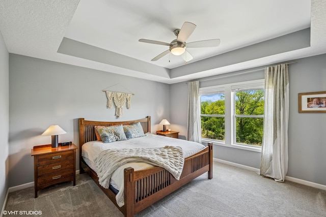 4738 Maas Ct, Minnetrista, MN 55375 - bedroom with a tray ceiling, baseboards, carpet, and a ceiling fan