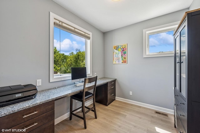 4738 Maas Ct, Minnetrista, MN 55375 - office area with light wood-style floors, built in study area, healthy amount of natural light, and baseboards