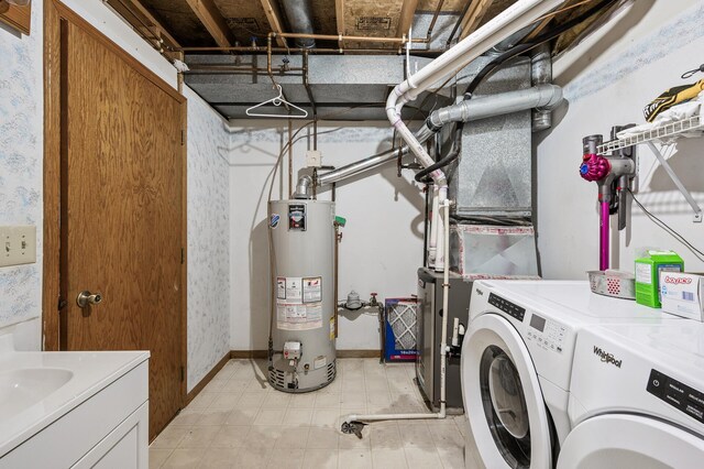 14250 Upper 54th St N, Oak Park Heights, MN 55082 - washroom with water heater, washing machine and dryer, and wallpapered walls
