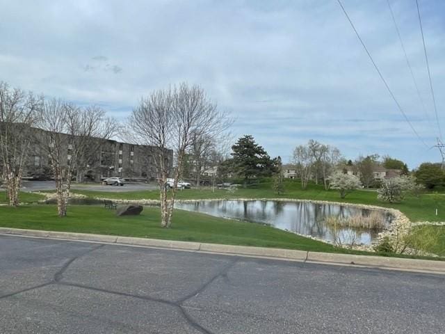 view of home's community featuring a water view and a lawn