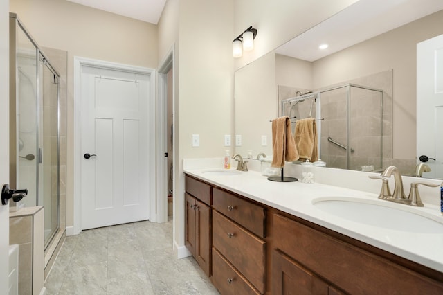 7107 184th St W, Lakeville, MN 55044 - full bathroom featuring a stall shower, double vanity, and tile patterned flooring