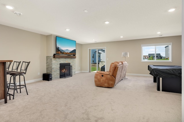 7107 184th St W, Lakeville, MN 55044 - living room featuring light carpet, baseboards, recessed lighting, billiards, and a fireplace