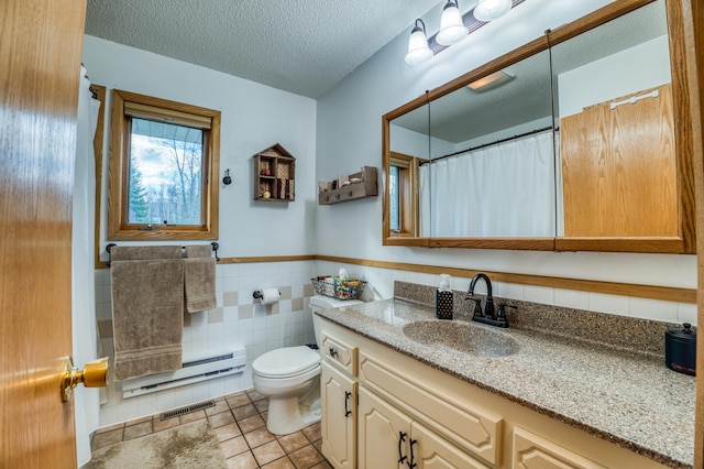 full bathroom featuring toilet, tile walls, visible vents, tile patterned flooring, and vanity