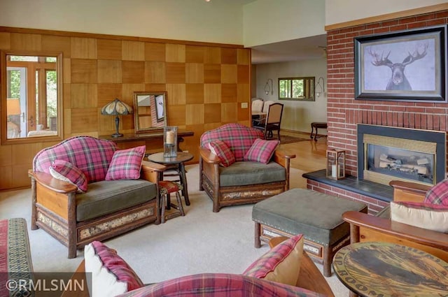 802 Flos Ct, Lincoln Twp, WI 54001 - living area featuring a brick fireplace and carpet flooring